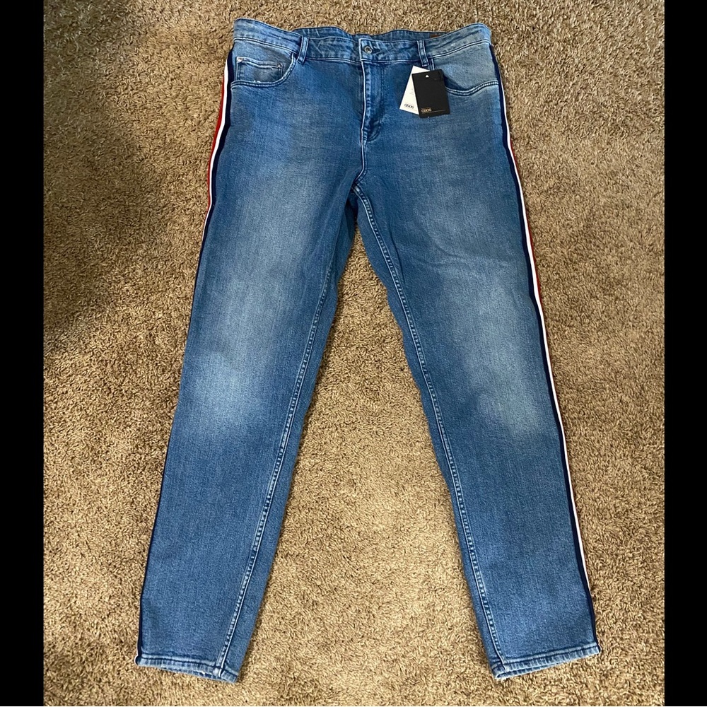 ASOS Men's Blue Jeans with Red Stripe